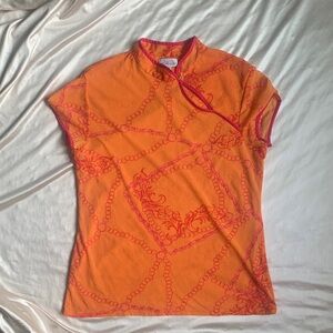 Sweet Pea by Stacy Frati Orange Mesh Short Sleeve Top | Chain Mesh Shirt Size L